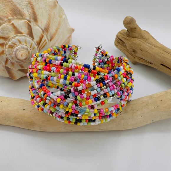 Colorful Multi-Strand Seed Bead Cuff Bracelet-Boho Festival Jewelry - Picture 1 of 5